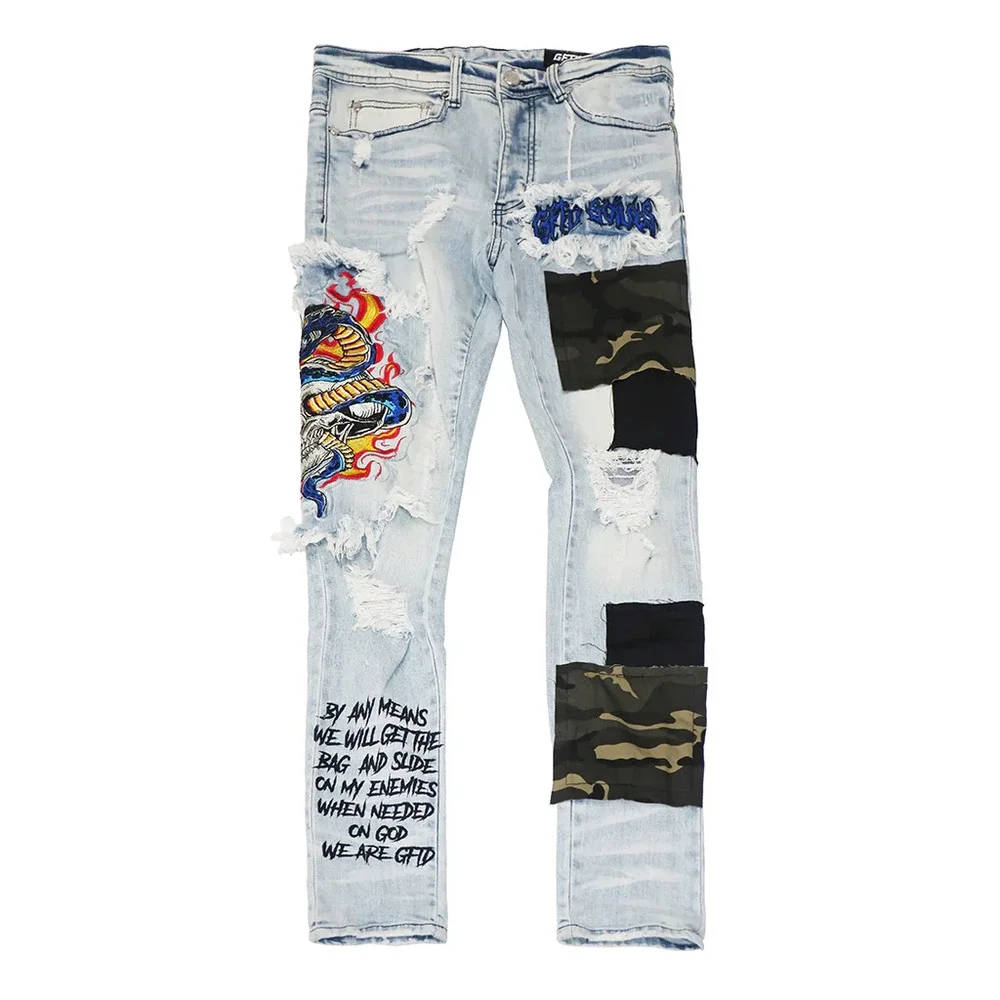 GFTD LA Los Angeles Men's Ezra Skinny Fit Embroidered Skull Distress Rip Jeans - Picture 5 of 6